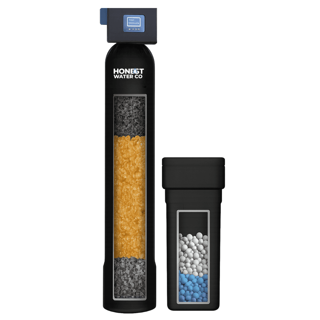 Honest Water Co. water softener with chlorine filtration and its brine tank